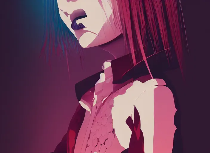 Image similar to editorial illustration by Karolis Strautniekas and Mads Berg, colorful, anime portrait vampire princess miyu, katsuhiro otomo, manga, Ilya kuvshinov,fine texture, manga shading, fine details, matte colors, film noir, dramatic lighting, dynamic composition, moody, vivid, volumetric,Narumi Kakinouchi