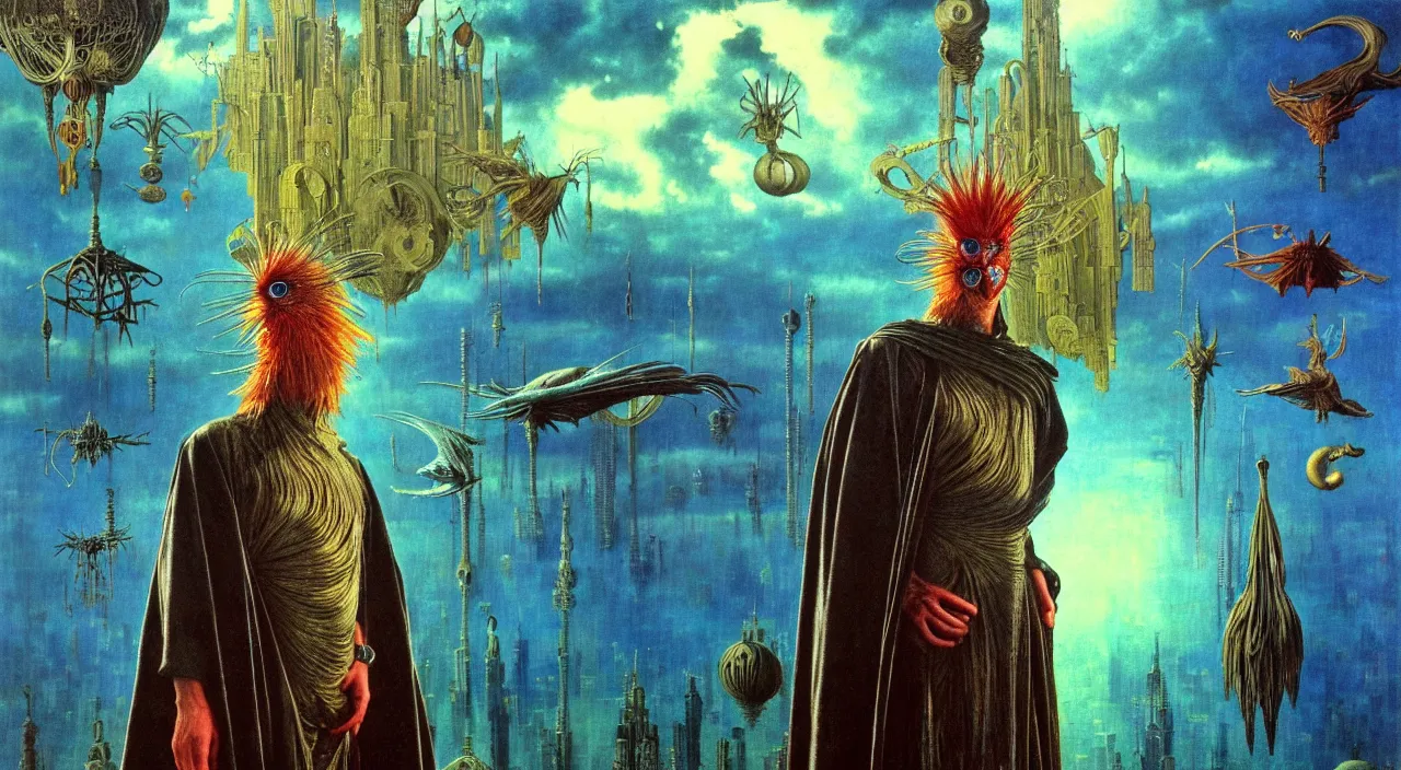 Image similar to realistic detailed portrait movie shot of a birdman wearing dark robes, sci fi city landscape background by denis villeneuve, amano, yves tanguy, alphonse mucha, ernst haeckel, max ernst, roger dean, masterpiece, rich moody colours, blue eyes, occult