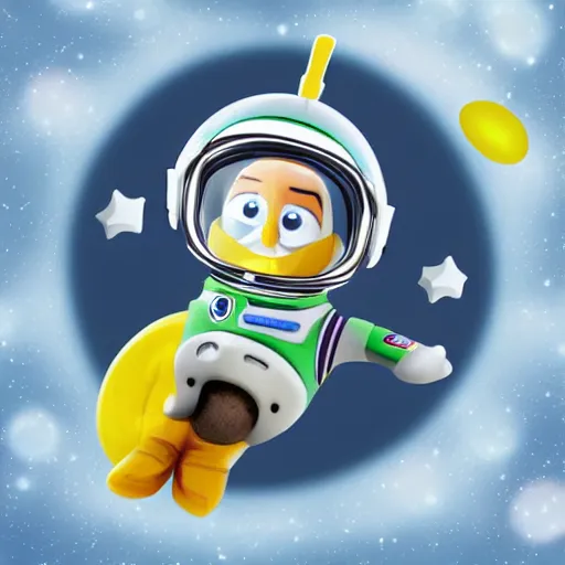 Image similar to cute astronaut penguin with helmet on, floating on space, in the style of the new buzz lightyear movie