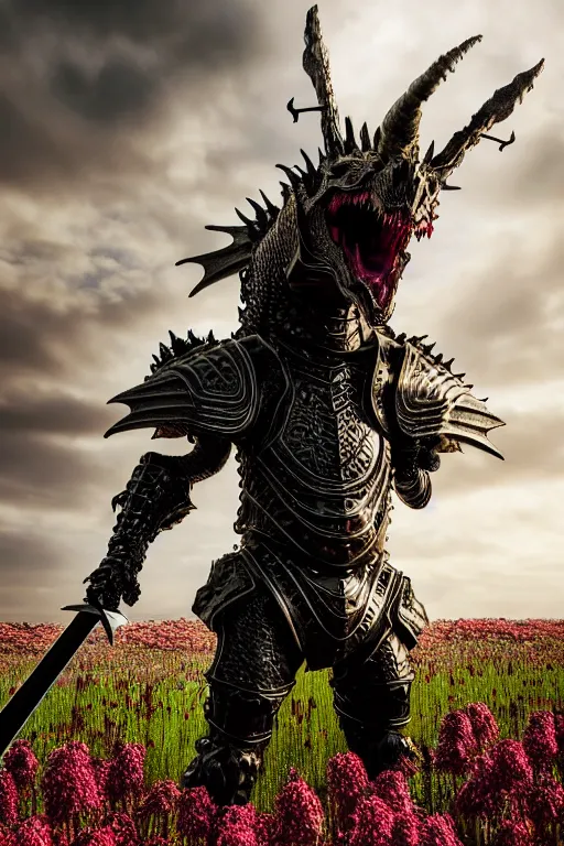 Prompt: hyperrealistic neo - gothic cinematic armored dragon holding sword in a field of flowers, highly detailed smooth digital art masterpiece, vitaly bulgarov dramatic low light, ground angle uhd 8 k, sharp focus