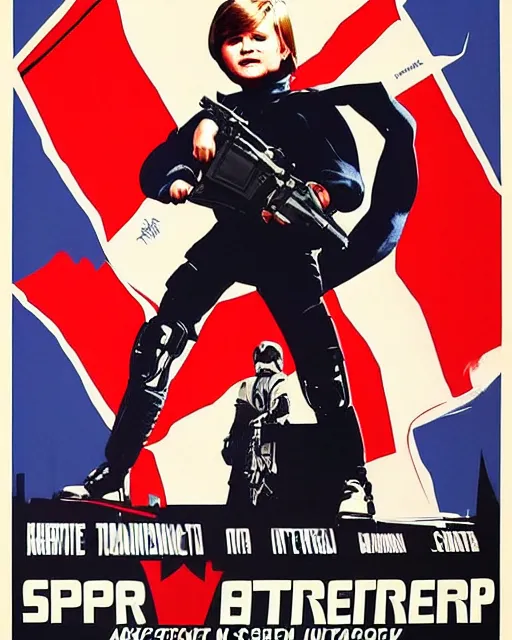 Image similar to 1 9 8 0's movie poster, barron trump is an antifa supersoldier, barron trump, exoskeleton, fan art, dramatic