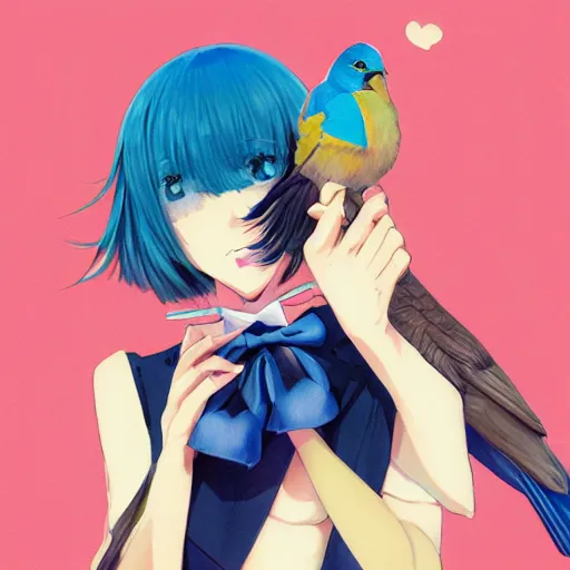 Image similar to colored pencil, anime art, beautiful full body female pinup girl, she is holding an indigo bunting bird, in her hand, the bird is wearing a bowtie, wlop, rossdraws sakimimichan, ilya kuvshinov, krenz cushart, greg rutkowski