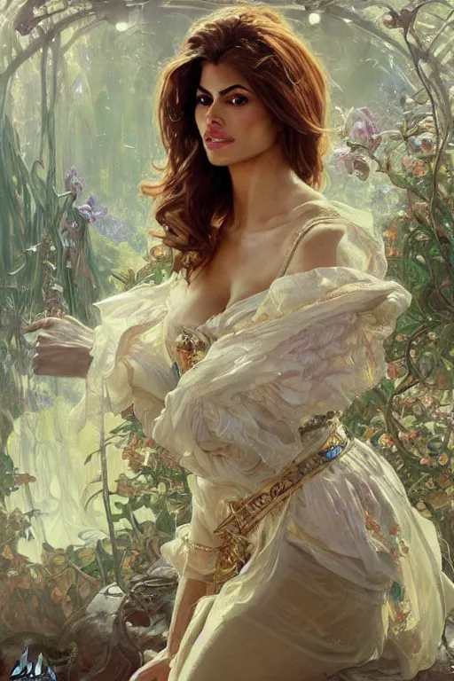 Image similar to Eva Mendes portrait, fantasy, elegant, intricate, by Stanley Artgerm Lau, greg rutkowski, thomas kindkade, alphonse mucha, loish, norman Rockwell