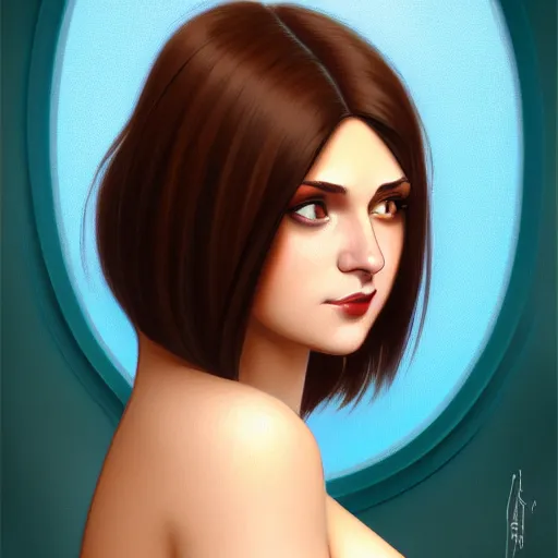 Image similar to curvy brunette woman with straight hair in a bob, romanian heritage, brown eyes, no bangs, digital art, cinematic, concept art, 8k, painting, imaginefx, cgsociety, art nouveau, Alphonse Mucha, trending on artstation, medium shot, head shot