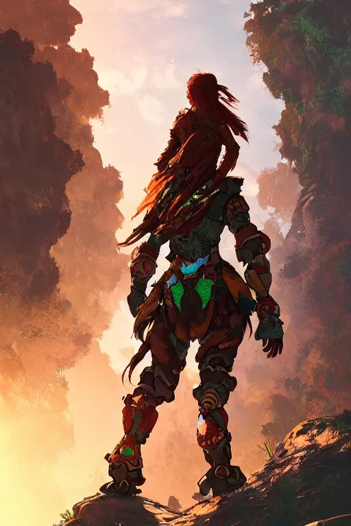 Image similar to combination suit armor aloy horizon forbidden west horizon zero dawn radiating a glowing aura global illumination ray tracing hdr fanart arstation by ian pesty and alena aenami artworks in 4 k tribal robot ninja mask helmet backpack