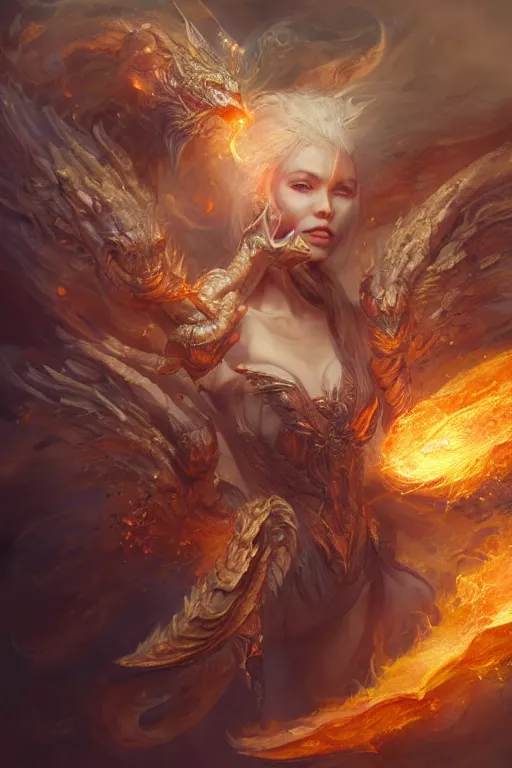 Prompt: beautiful girl sorcerer transforming into fire and golden dragon skin, casting magic spell, angel, fantasy, magic the gathering, hyper detailed, 3 d render, hyper realistic detailed portrait, peter mohrbacher, wlop, ruan jia, luis royo