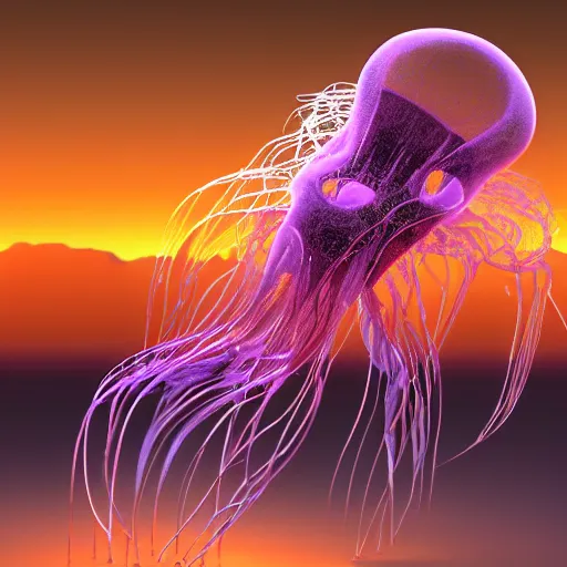 Prompt: side view a group of robot mechanical sense halitrephes maasai jellyfish's growing form tree branch, diode, sunset, secret <, c 4 d, 8 k cleaning future, highly quality penetrating feeling bright light, cg special effect, cyberpunk, darkness's background, fantastic ， mikecow