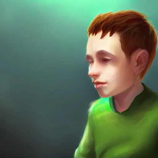 Image similar to boy with short brown hair covering eyes, light green sweater, brown background, digital art, fantasy painting, dungeons and dragons trending on artstation