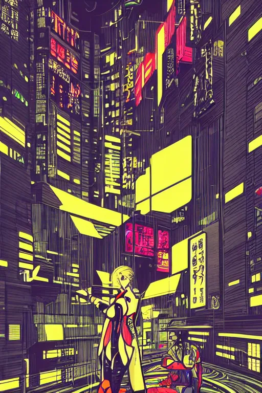 Prompt: futuristic japanese cyberpunk by roy lichtenstein, by ben - day, bladerunner pixiv contest winner, cyberpunk style, cyberpunk color scheme, mechanical, high resolution, hd