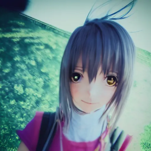 Image similar to grainy cheap nokia mobile phone footage of an anime girl spotted in real life, off center, at an angle, found footage, small filesize, jpeg artifacting and ringing, low res, blurry, uncanny valley, smiling