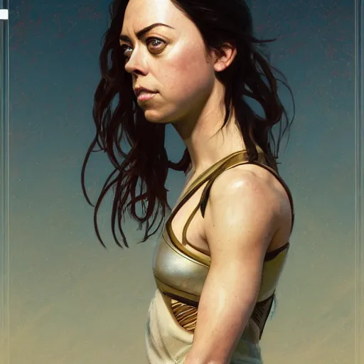 Prompt: Aubrey Plaza as a captain in the early bronze age, intricate, highly detailed, digital painting, artstation, concept art, sharp focus, illustration, art by greg rutkowski and alphonse mucha