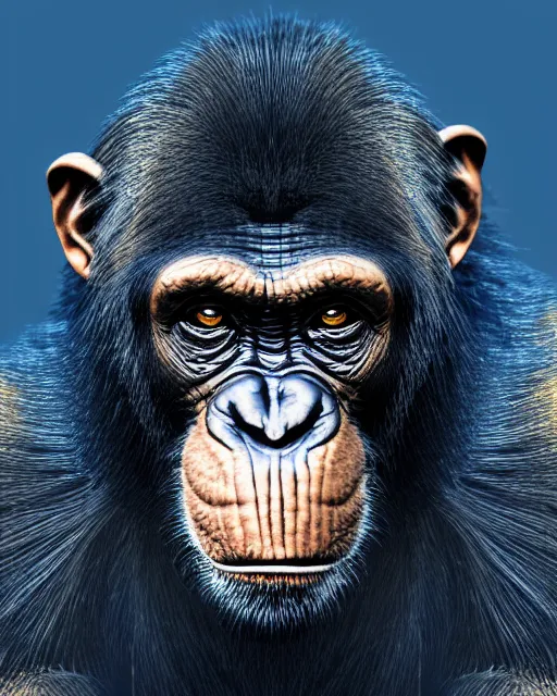 Prompt: gold, blue, very detailed high resolution illustration of a chimpanzee glaring, mystical, 3 d, 8 k, extremely detailed, artstation