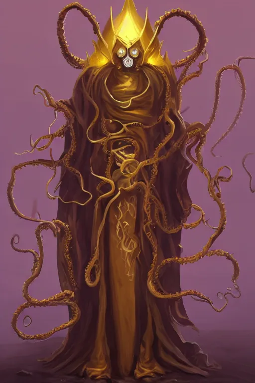 Image similar to A full body portrait of a mysterious character with no face with a very long hooded yellow cloak, a golden crown floating above his head, tentacles coming out the ground art by Shaddy Safadi and Jason Chan, ominous, cosmic horror, trending on artstation, Ultra detailed, hyper realistic 4k