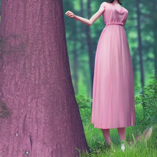 Prompt: a woman in a pink dress standing in a forest, a character portrait by ilya kuvshinov, cg society contest winner, neo - romanticism, ilya kuvshinov, daz 3 d, polycount