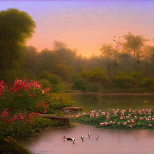 Image similar to a painting of a duck pond at sunset, surrounded by flower bushes, a detailed matte painting by Robert S. Duncanson, deviantart, hudson river school, terragen, trending on artstation