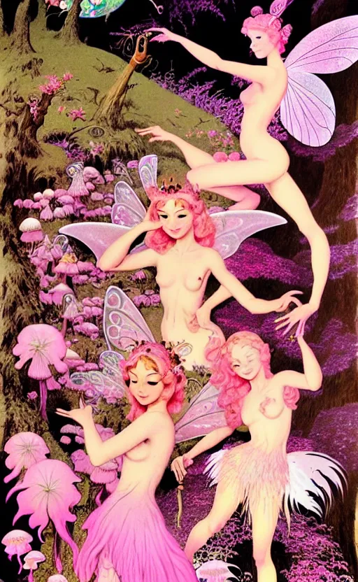 Prompt: fairies with detailed faces and true anatomy wearing pink clothes, enchanted forest, mushrooms on the ground, psychedelic, wide angle shot, white background, vector art, illustration by frank frazetta