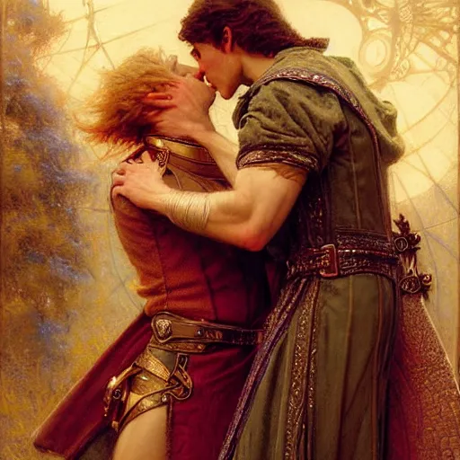 Image similar to stunning arthur pendragon in love with stunning male merlin the mage. they are close to each other, touching, looking. highly detailed painting by gaston bussiere, craig mullins, j. c. leyendecker