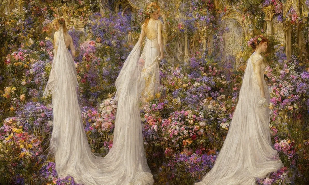 Prompt: breathtaking detailed soft painting of a full body shot of a bride viewed from behind in a long dress of pure light, in a sunlit luxurious flower garden art nouveau cathedral on a wedding day, covered in pastel flowers with golden petals flying, rule of thirds, german romanticism, rembrandt style, elegant, volumetric lighting, highly detailed, artstation, concept art, matte, sharp focus, art by Tom Bagshaw, Alfons Mucha and Greg Rutkowski