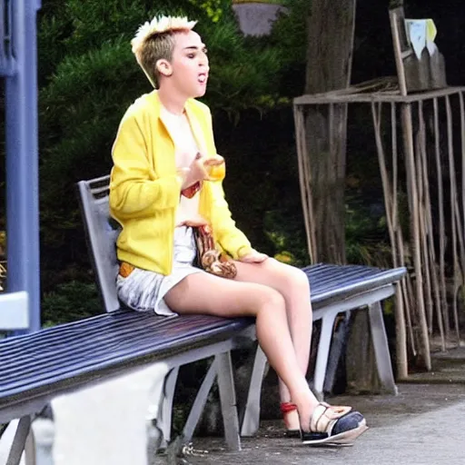 Image similar to miley cyrus sat on a bench eating cheese, thunderstorm, studio ghibli