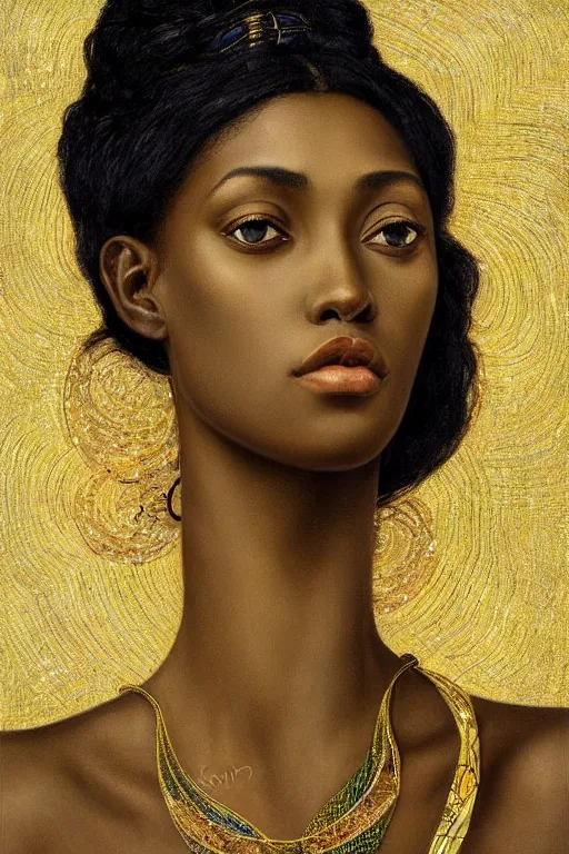 Image similar to Portrait of a Beautiful African female, sad green eyes, beautiful skin, elegant, jewellery, digital painting, Pre-Raphaelites, highly detailed, concept art, smooth, sharp focus, gold and indigo, illustration, art by Klimt .