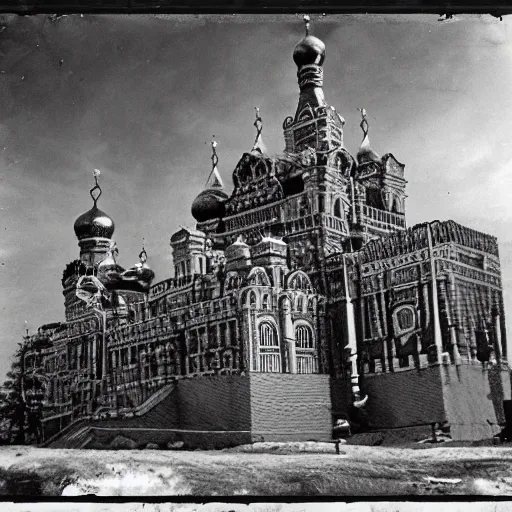 Image similar to russian tsar ivan the terrible in his palace in moscow builds a lego castle, kodak, old photo, black and white, film, wide lens, 1 6 mm,