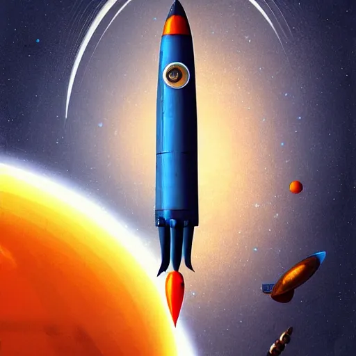 Prompt: Blue V2 rocket in space, tin tin, Orange planet, intricate, SCI-Fi, movie poster, digital art by raphael lacoste