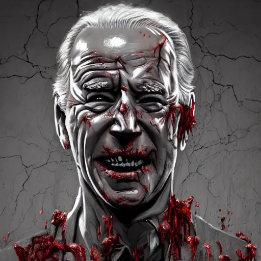 Image similar to joe biden as a rotting zombie, full body portrait, in a front of podeum, horror core, apocalyptic, feeling of grimdark, sharp focus, fiction, hyper detailed, digital art, trending in artstation, cinematic lighting, studio quality, smooth render, unreal engine 5 rendered, octane rendered, art style and nixeu and wlop and krenz cushart