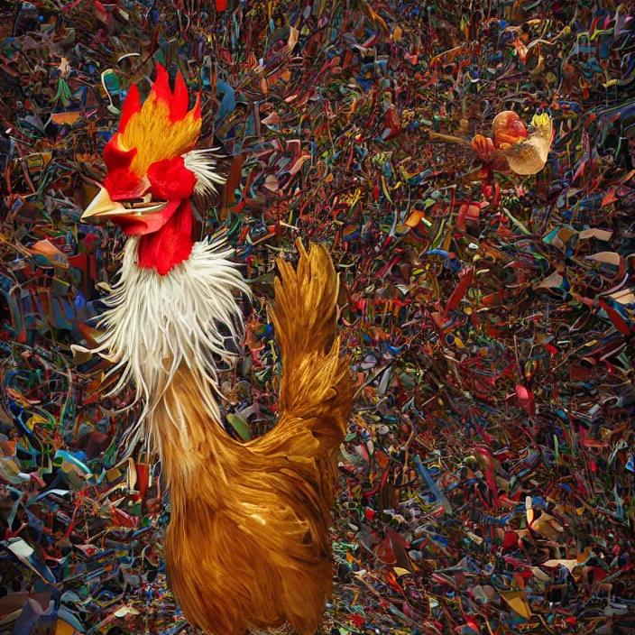 Prompt: portrait of David Bowie as a chicken in Chicken Run. intricate abstract. intricate artwork. by Tooth Wu, wlop, beeple, dan mumford. octane render, trending on artstation, greg rutkowski very coherent symmetrical artwork. cinematic, hyper realism, high detail, octane render, 8k, iridescent accents