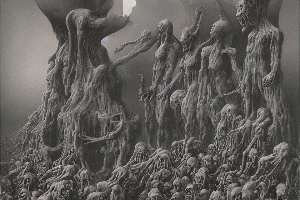 Image similar to satans fall from paradise into hell by zdzisław beksinski, james ryman, wayne barlowe. muted color