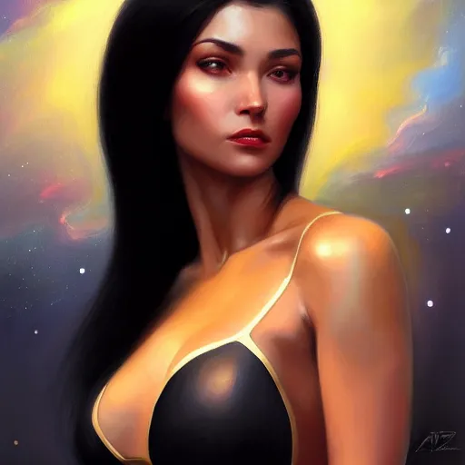 Image similar to a portrait of a very beautiful woman in a spacesuit, Alexandria\'s genesis, shoulder-length black hair, bored, illustration, soft lighting, soft details, painting oil on canvas by mark arian by artgerm, trending on artstation, 4k, 8k, HD