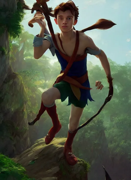 Image similar to skinny young tom holland as peter pan in neverland, dynamic lighting, path traced, atmospheric, highly detailed, high quality, beautiful painting, octane render, don bluth, ross tran, studio ghibli, alphonse mucha, jama jurabaev, extremely detailed, brush strokes, artstation, artgerm