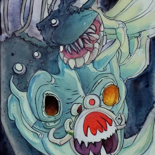 Prompt: detailed whimsical silly watercolor painting of a terrifying demon, in the style of studio ghibli