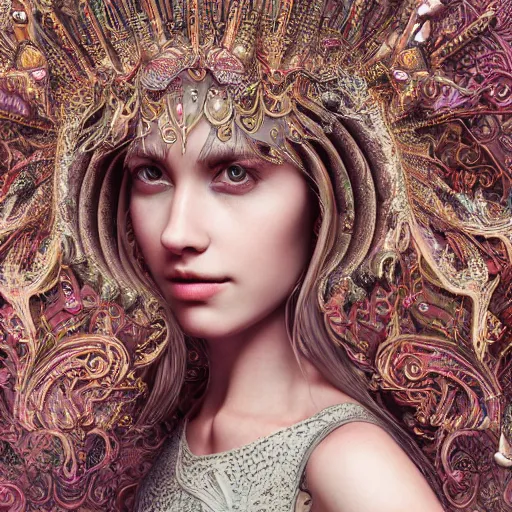 Image similar to wonderful princess of fractals and patterns, beautiful face, hyper detailed, background intricate and detailed, ornate 8 k gorgeous intricate detailed, octane render