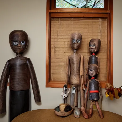 Prompt: a real estate home interior photo. a creepy wooden mannequin family,