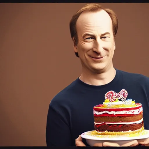 Image similar to bob odenkirk, smiling, holding a birthday cake, anime art, trending on artstation