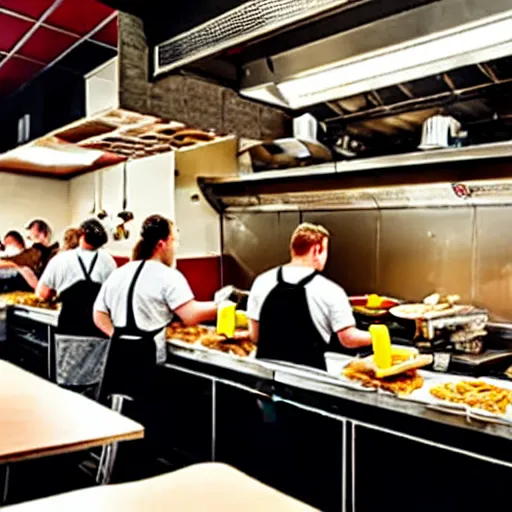 Image similar to busy wafflehouse interior with customers eating breakfast and wafflehouse employees serving food and cooking food behind countertop that has food on top of it