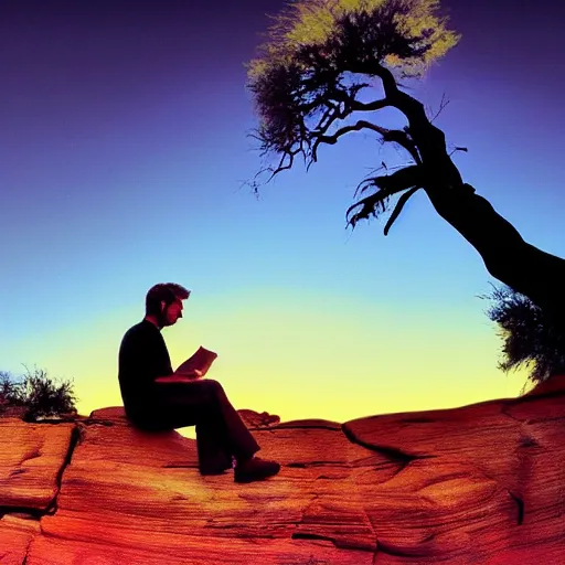 Prompt: award winning cinematic still of man studying the bible in zion national park, rock formations, colorful sunset, epic, cinematic lighting, dramatic angle, heartwarming drama directed by Steven Spielberg, wallpaper
