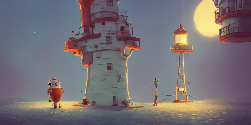 Image similar to cute cartoon monster building a lighthouse by Goro Fujita and Simon Stalenhag , 8k, trending on artstation, hyper detailed, cinematic