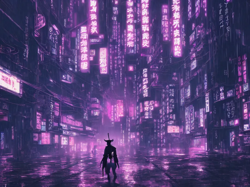 Image similar to high detailed lone dead samurai in a cyberpunk rainy city at night by Kentaro Miura, purple and pink and blue neons, unreal engine, high quality, 4K, UHD, trending on ArtStation, wires, blade runner vibes, ghost in the shell, akira, dorohedoro