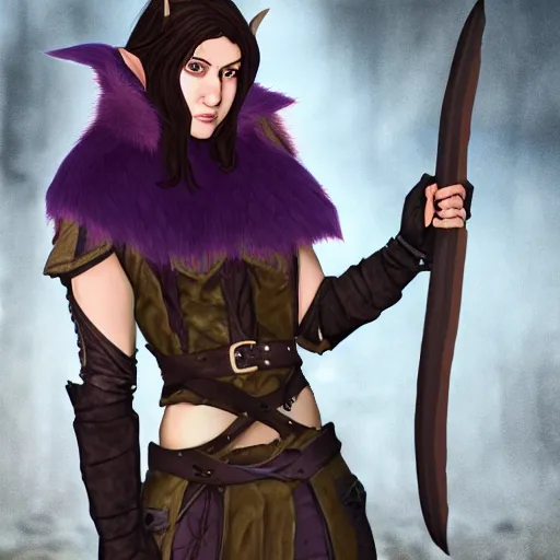 Image similar to anya charlota as a medieval fantasy tolkien elf, dark purplish hair tucked behind ears, wearing leather with a fur lined collar, wide, muscular build, scar across the nose, one black, scaled arm, cinematic, character art, real life, 8 k, detailed.