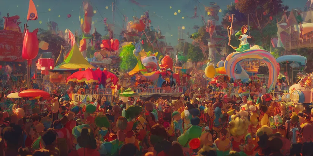 Image similar to a film still of a float carnival, medium shot, waist up, studio ghibli, pixar and disney animation, sharp, rendered in unreal engine 5, anime key art by greg rutkowski, bloom, dramatic lighting