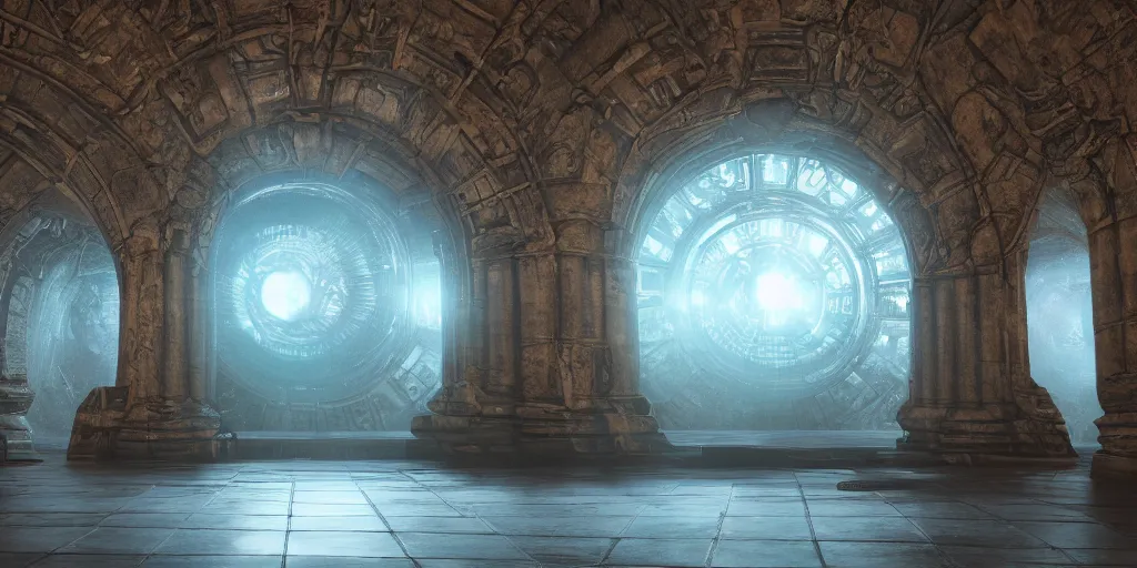 Image similar to field of depth view, interior of expansive, hologram screens floating, futuristic high tech, science fiction, illustration, ancient tomes and relics, archways and doors looking like a movie photorealistic cinematic lighting, 8 k optane render, 3 d unreal engine