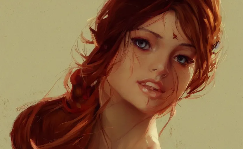Prompt: a painting of virtualrose trending on artstation in the style of greg rutkowski, beautiful, young female, sensual, natural skin, brown hair, red rose in hair, natural sensuality
