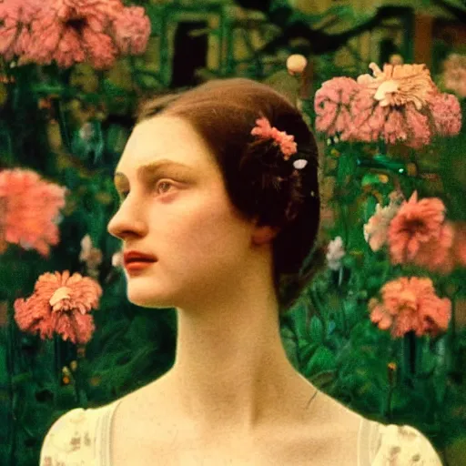 Image similar to a lot of flowers morphing in a beautiful girls face, film still by wes anderson, depicted by balthus, limited color palette, very intricate, art nouveau, highly detailed, lights by hopper, soft pastel colors, minimalist