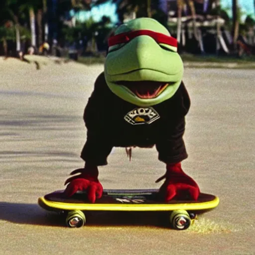 Prompt: a dodo wearing street clothes, a backwards ballcap and gold chain around its neck, surfing on on a hover board at a skate park at the beach, 1990s cartoon, teenage mutant ninja turtles