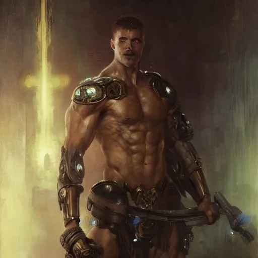 Prompt: handsome portrait of a spartan guy bodybuilder posing, radiant light, caustics, war hero, dmt, ghost in the shell, by gaston bussiere, bayard wu, greg rutkowski, giger, maxim verehin