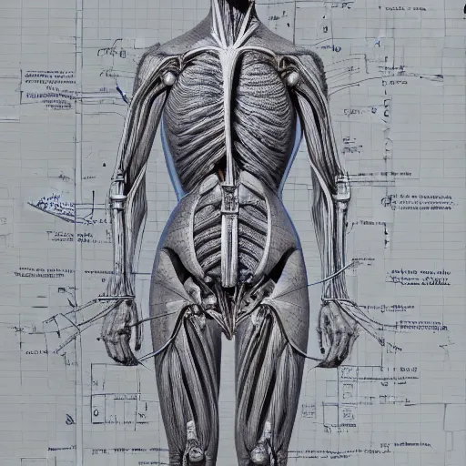 Image similar to a concept of a detailed and intricate design of a full body of human anatomy, 3 d design, great finesse organic hyper detailed, engineering blueprints, technical drawings, calculus, stained paper, hyperrealistic, ultra detailed, 4 k, octane render, unreal engine