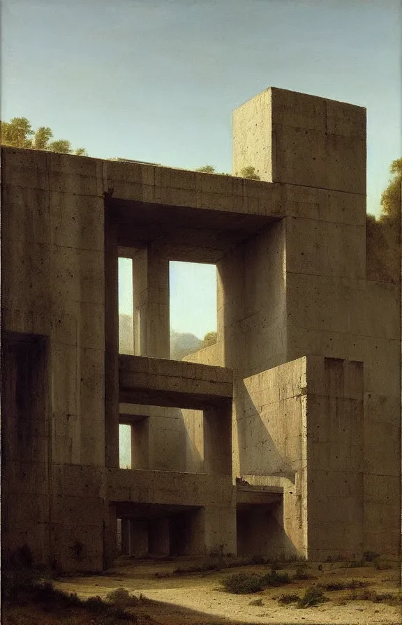 Prompt: classical landscape paintings of brutalist concrete structures, masterpiece, by eugene von guerard