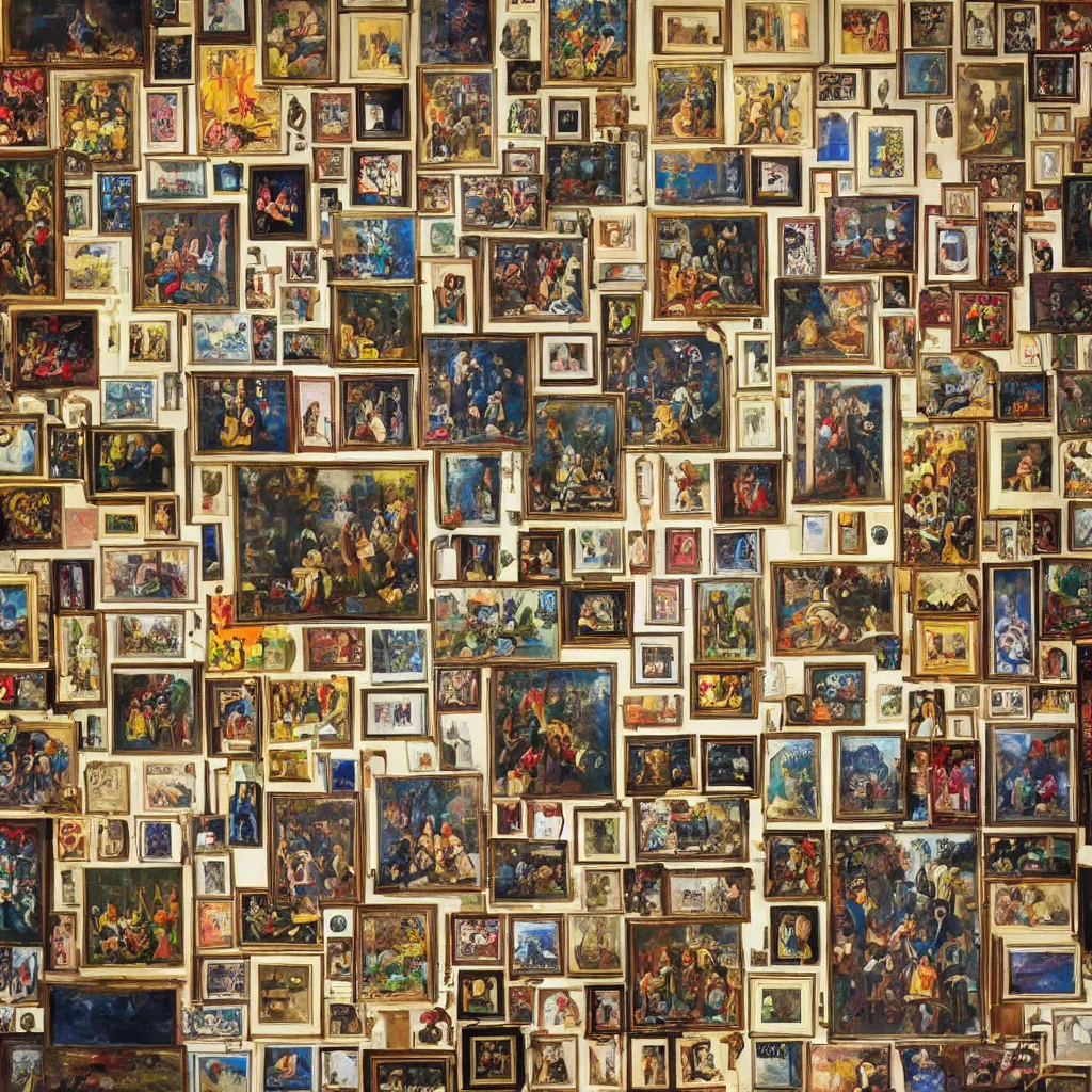 Image similar to a wall with a collage of world's six most expensive paintings