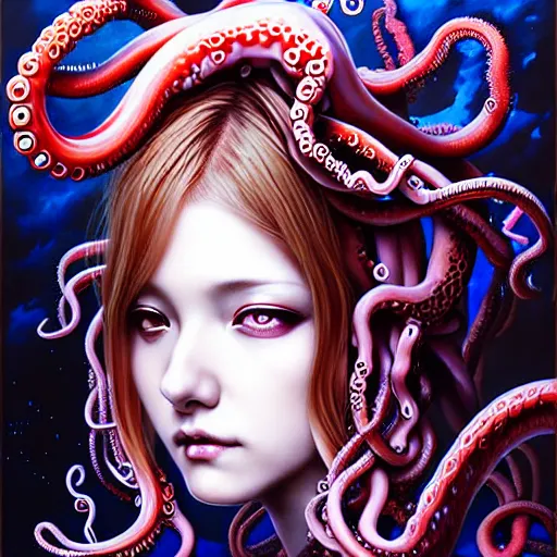 Prompt: a girl with tentacles on her head, an ultrafine detailed painting by ayami kojima, cgsociety, fantasy, anime digital art, lovecraftian, cosmic horror, detailed painting